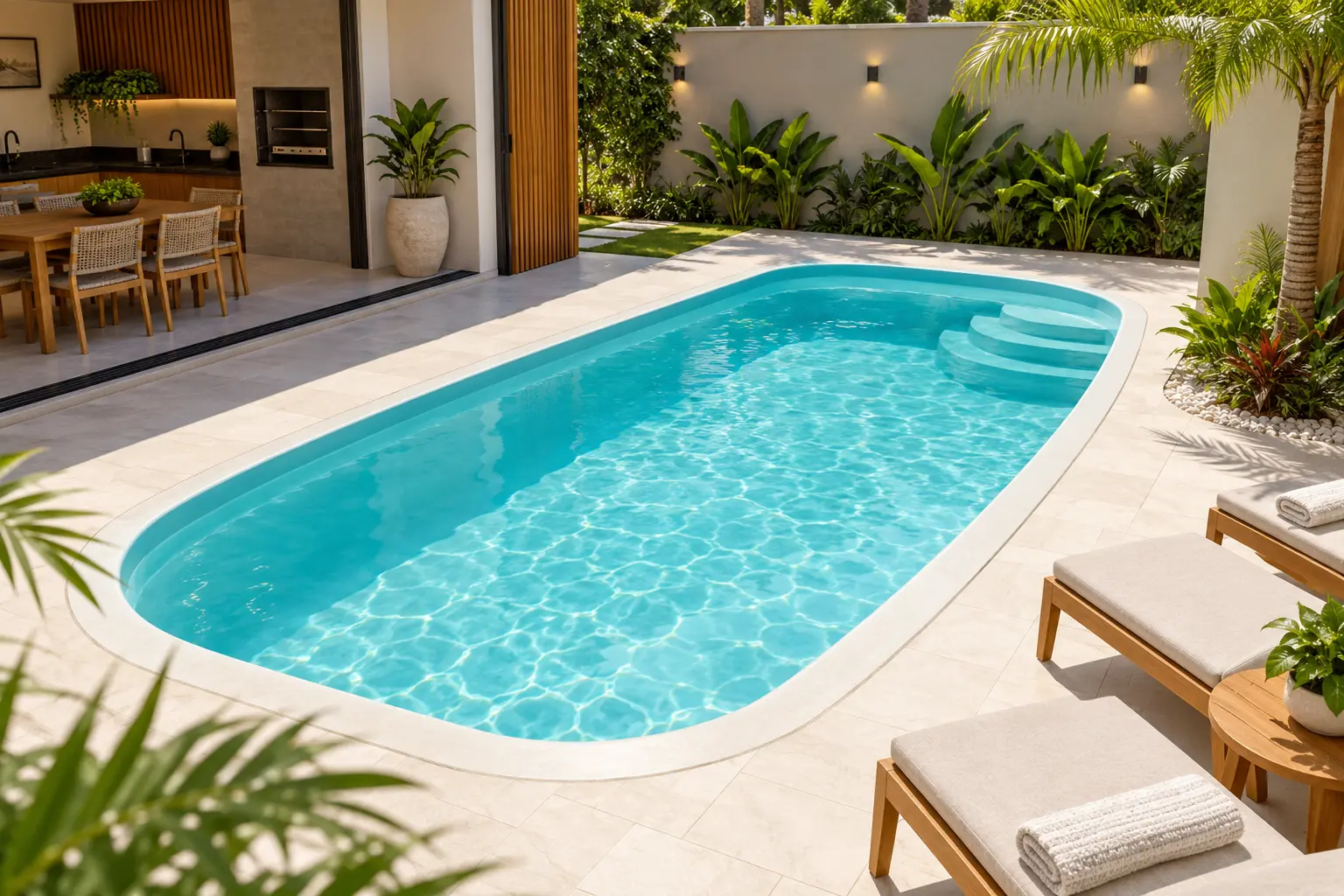 Piscina com jardim junto à área gourmet