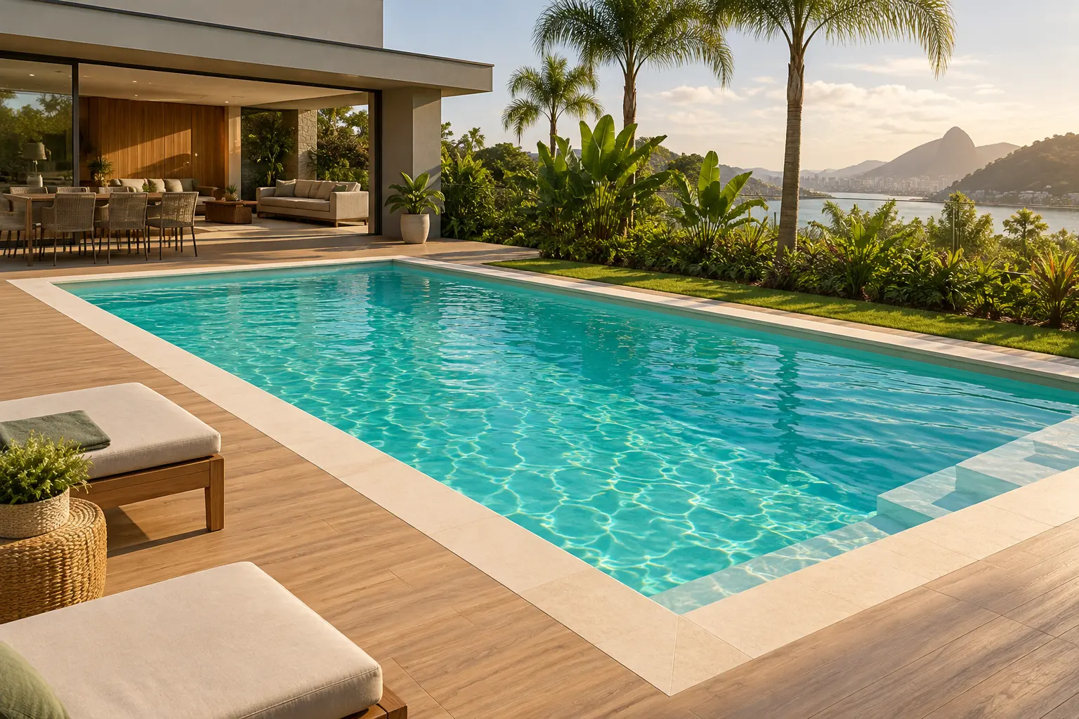Piscina com água turquesa, deck e jardim