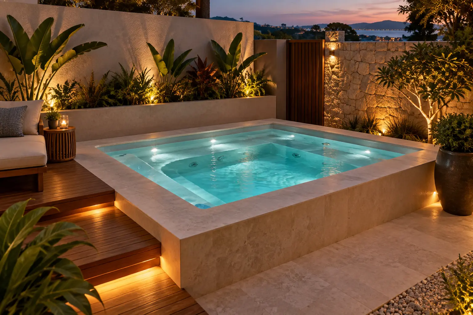 Spa iluminado ao entardecer